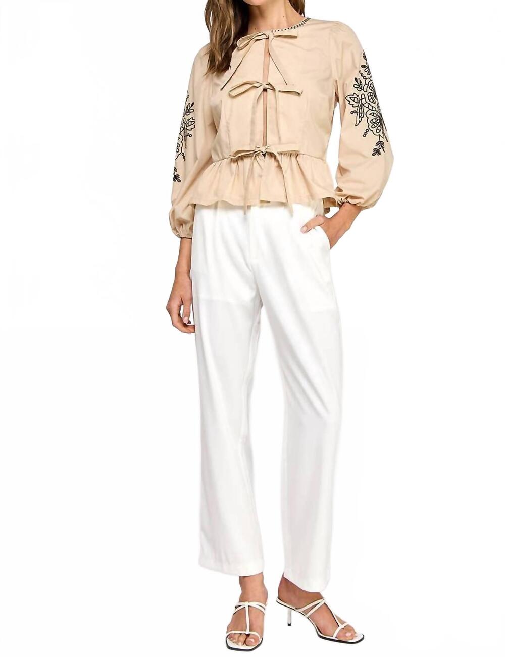 NEW RUBIENN 3/4 sleeve embroidered top in khaki/black